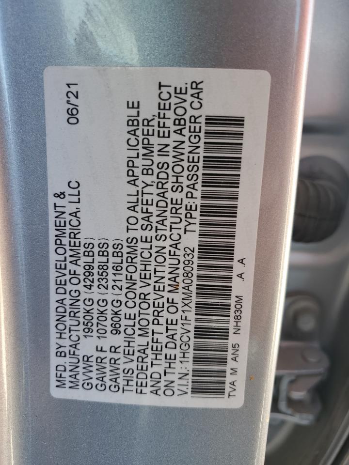 2021 Honda Accord Lx VIN: 1HGCV1F1XMA080932 Lot: 82231325
