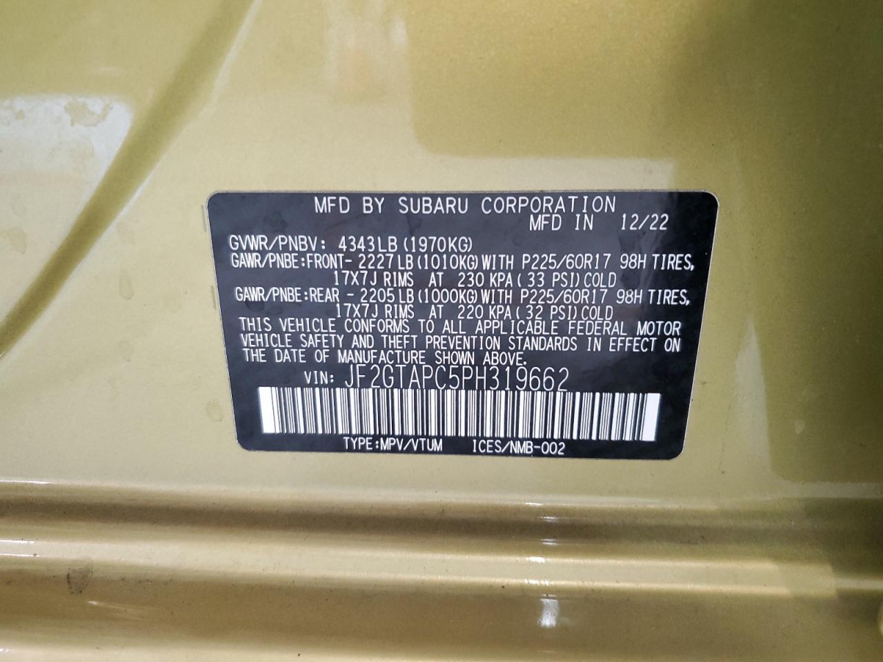 2023 Subaru Crosstrek Premium VIN: JF2GTAPC5PH319662 Lot: 85195275