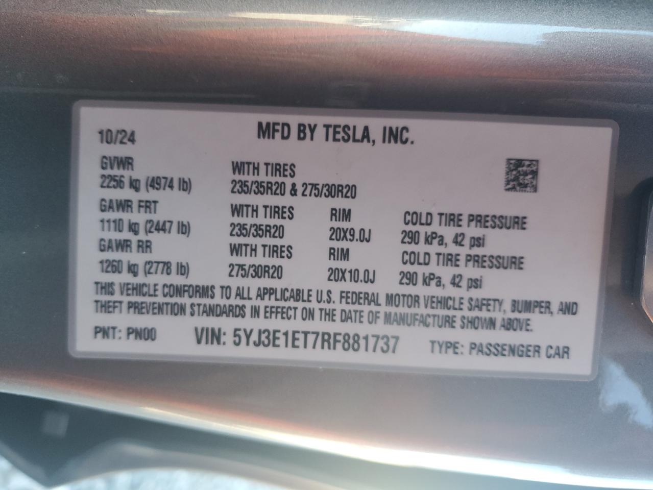 2024 Tesla Model 3 VIN: 5YJ3E1ET7RF881737 Lot: 87096285