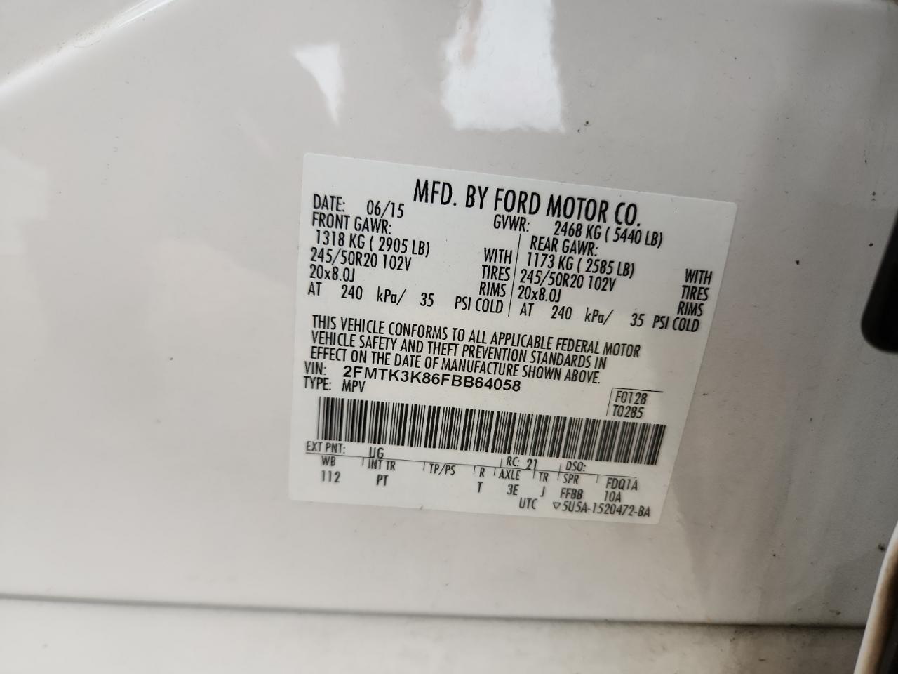 2015 Ford Edge Titanium VIN: 2FMTK3K86FBB64058 Lot: 90230055