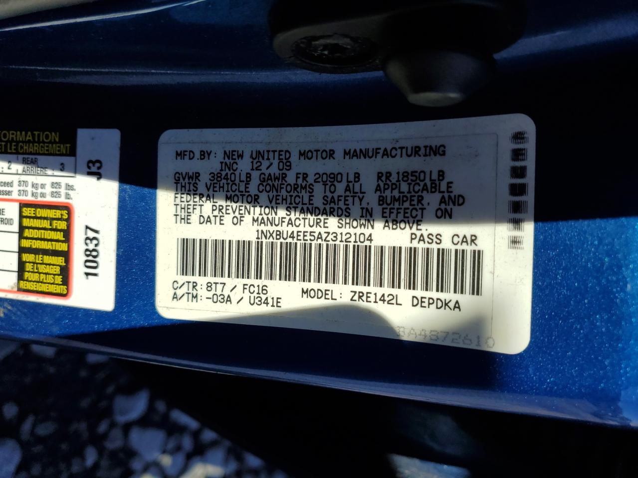 2010 Toyota Corolla Base VIN: 1NXBU4EE5AZ312104 Lot: 84873805