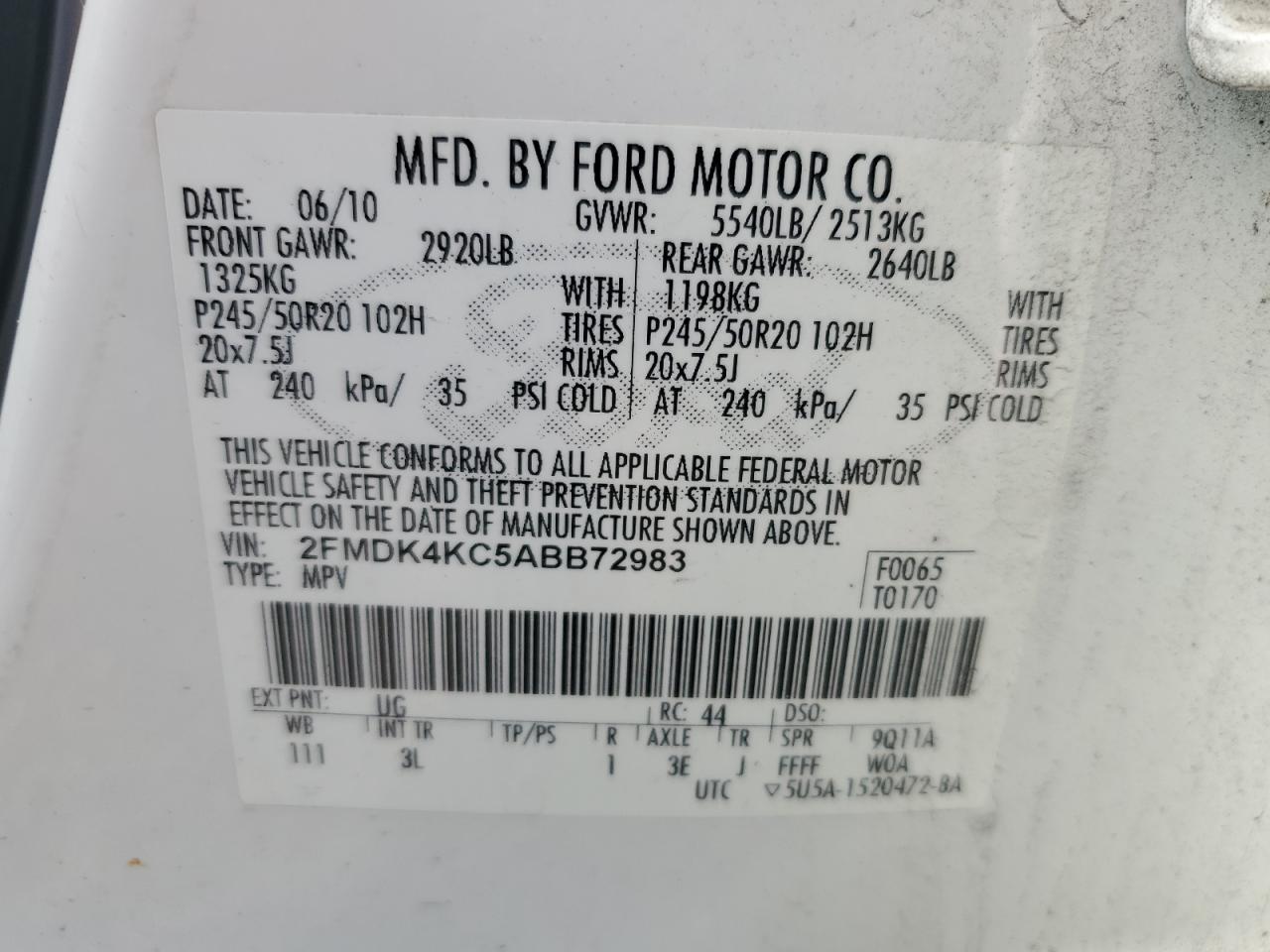 2010 Ford Edge Limited VIN: 2FMDK4KC5ABB72983 Lot: 87365665