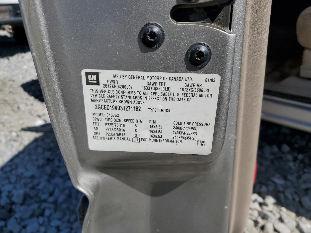 2003 Chevrolet Silverado C1500 VIN: 2GCEC19V031271182 Lot: 84250995