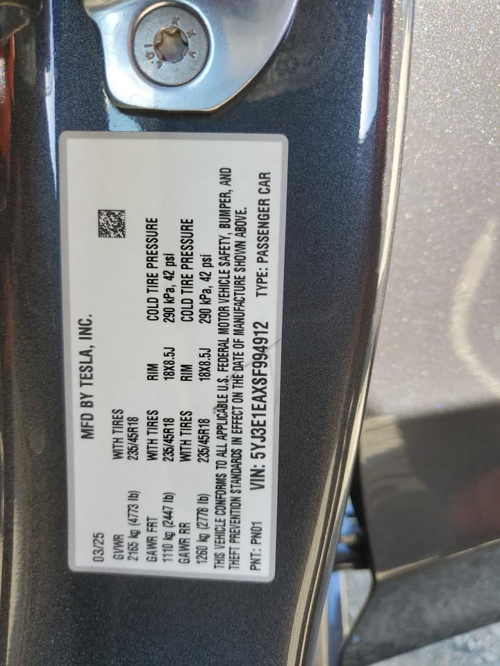 2025 Tesla Model 3 VIN: 5YJ3E1EAXSF994912 Lot: 90499295