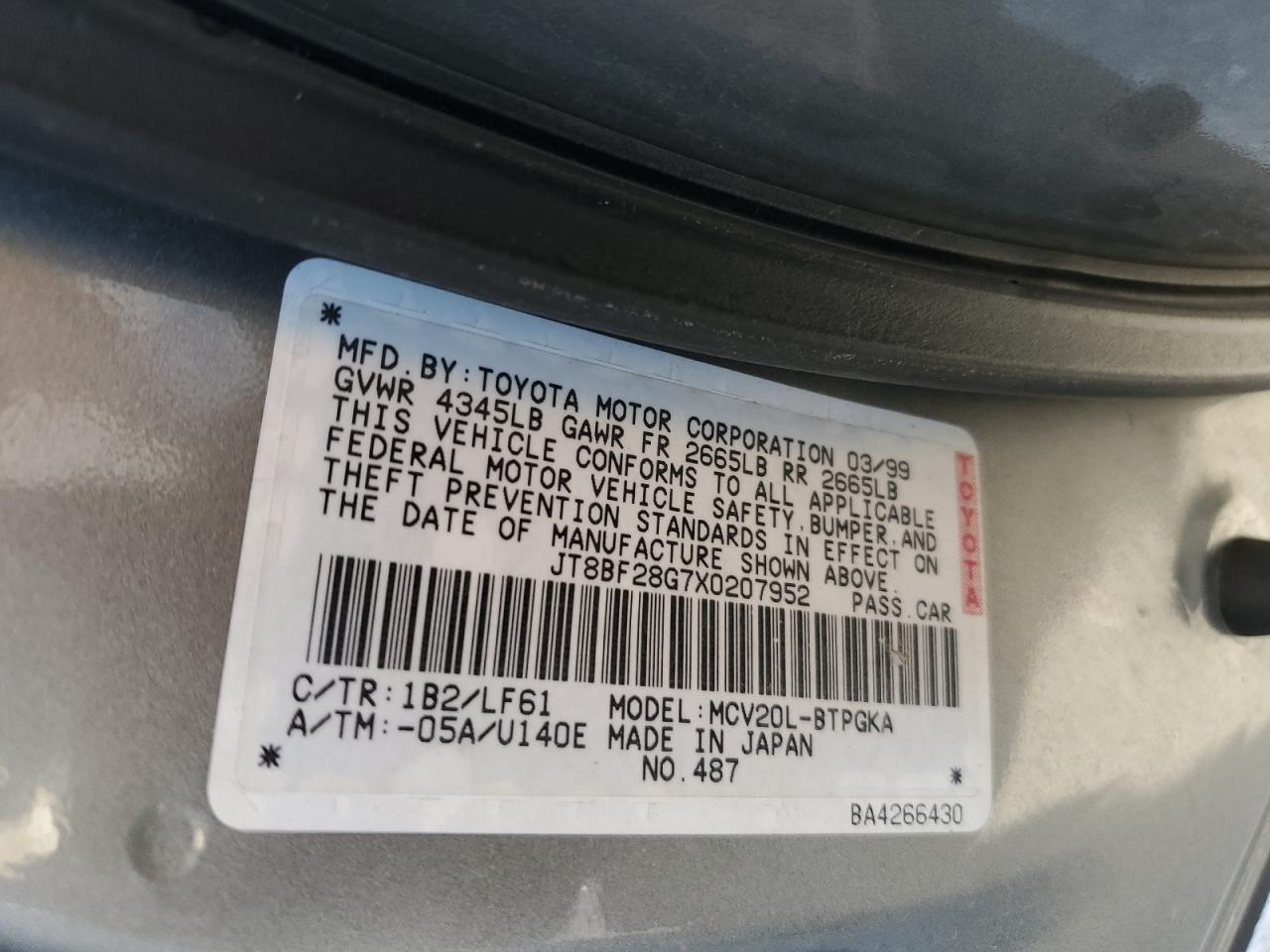 1999 Lexus Es 300 VIN: JT8BF28G7X0207952 Lot: 90859785