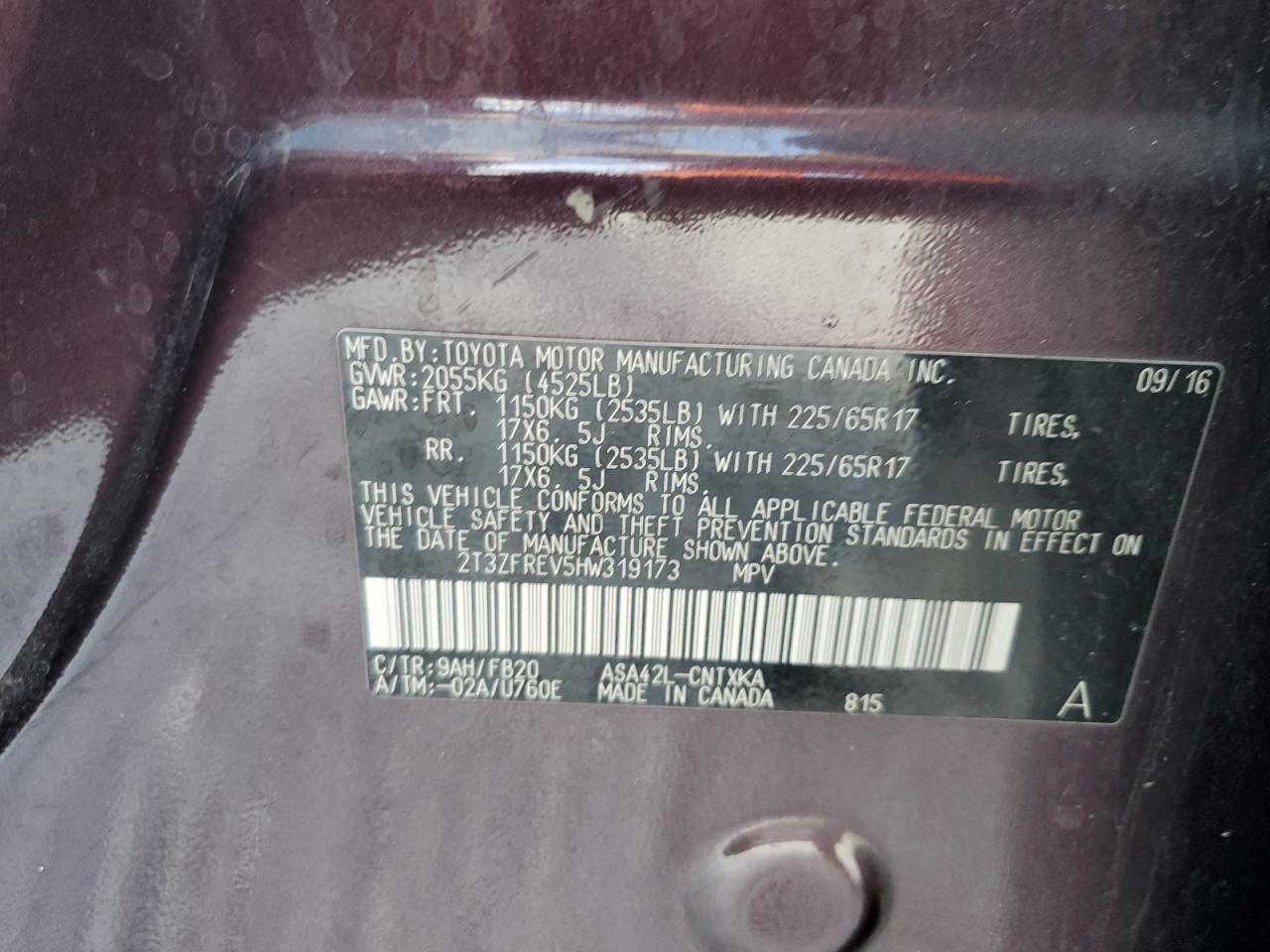 2017 Toyota Rav4 Le VIN: 2T3ZFREV5HW319173 Lot: 85260995