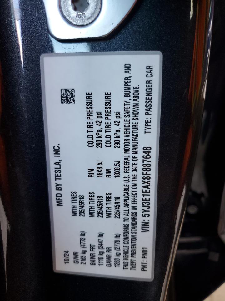 2025 Tesla Model 3 VIN: 5YJ3E1EAXSF887648 Lot: 87374175