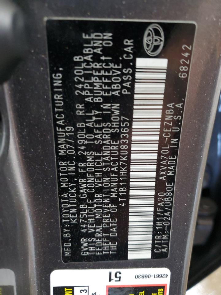 2019 Toyota Camry L VIN: 4T1B11HK7KU833657 Lot: 84170525
