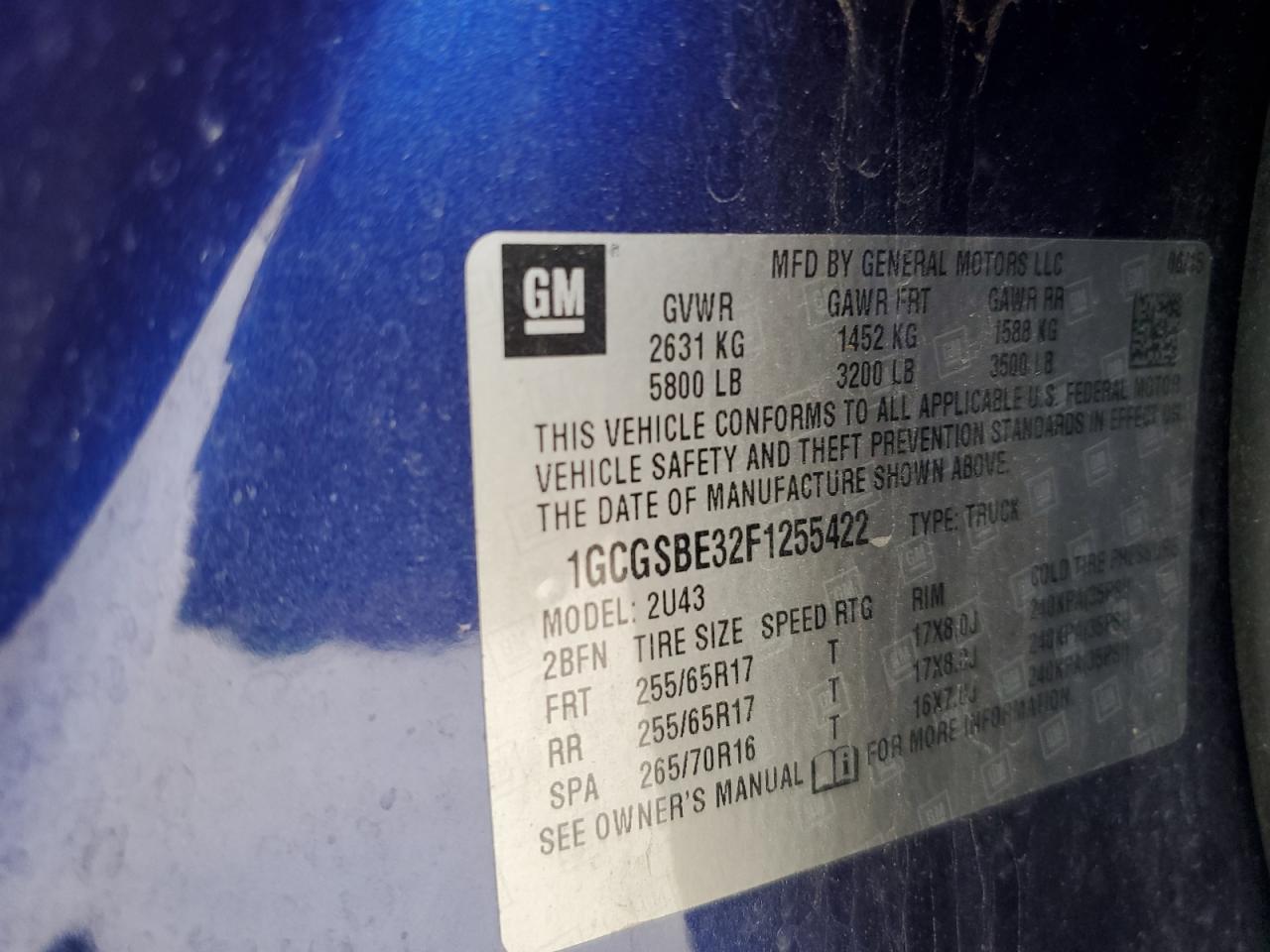 2015 Chevrolet Colorado Lt VIN: 1GCGSBE32F1255422 Lot: 89474235