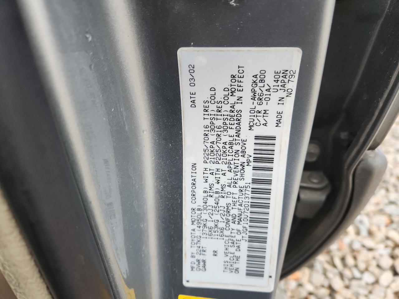 2002 Lexus Rx 300 VIN: JTJGF10U720137751 Lot: 90439645