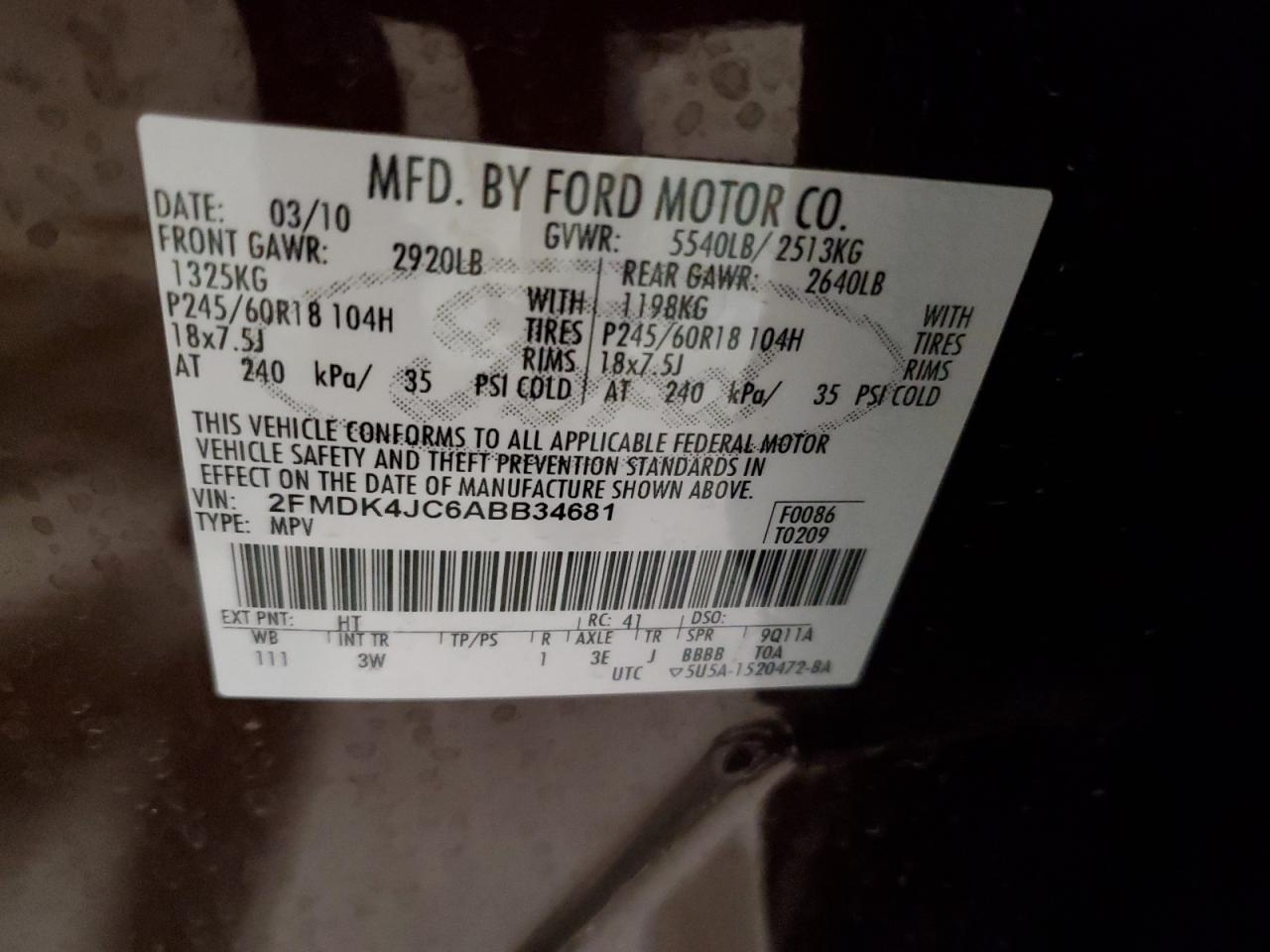 2010 Ford Edge Sel VIN: 2FMDK4JC6ABB34681 Lot: 85551875