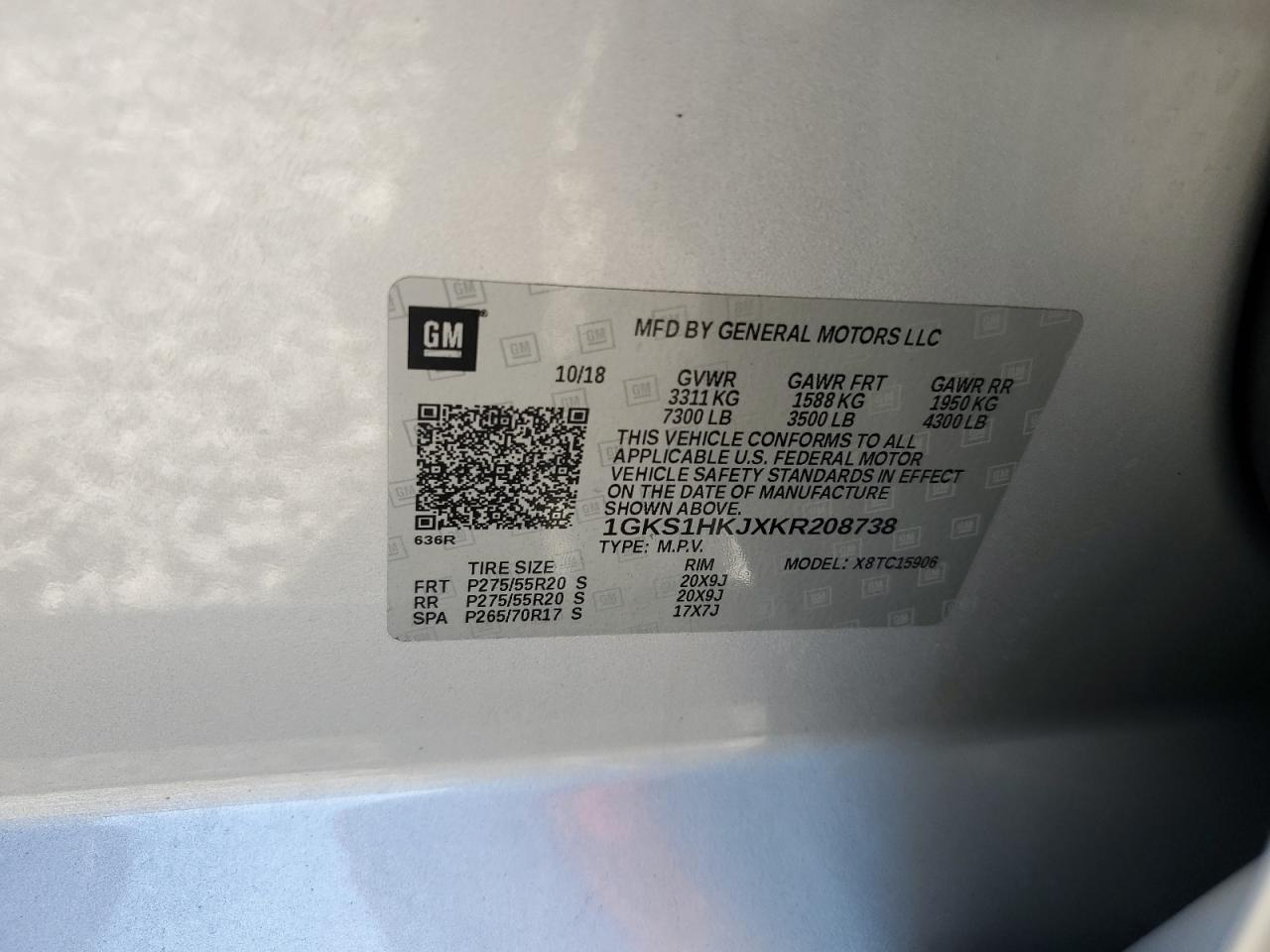 2019 GMC Yukon Xl Denali VIN: 1GKS1HKJXKR208738 Lot: 87108025