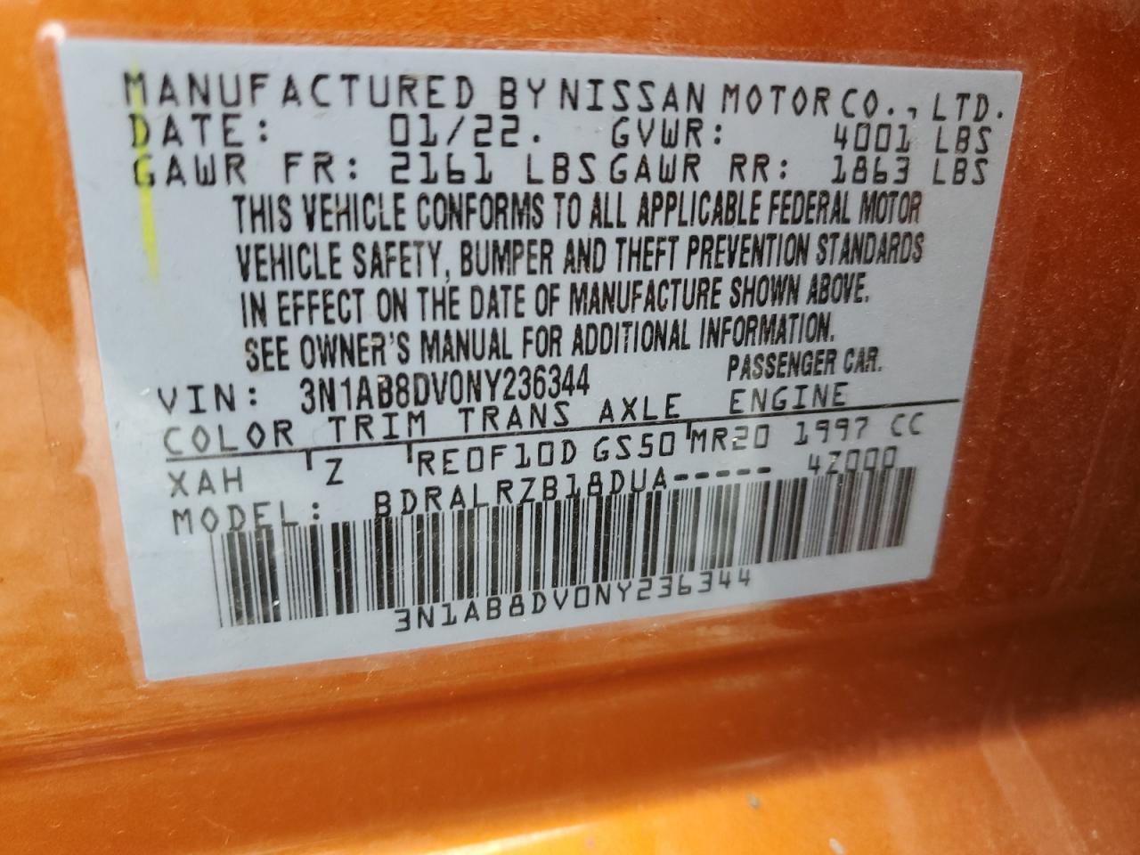 2022 Nissan Sentra Sr VIN: 3N1AB8DV0NY236344 Lot: 86297465