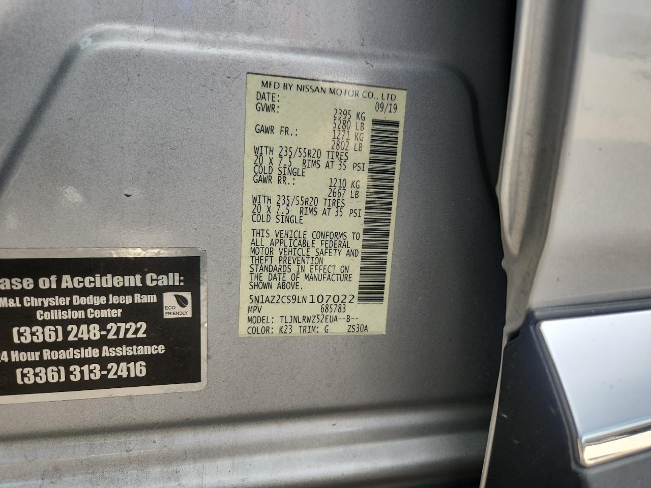 2020 Nissan Murano Sl VIN: 5N1AZ2CS9LN107022 Lot: 81984335