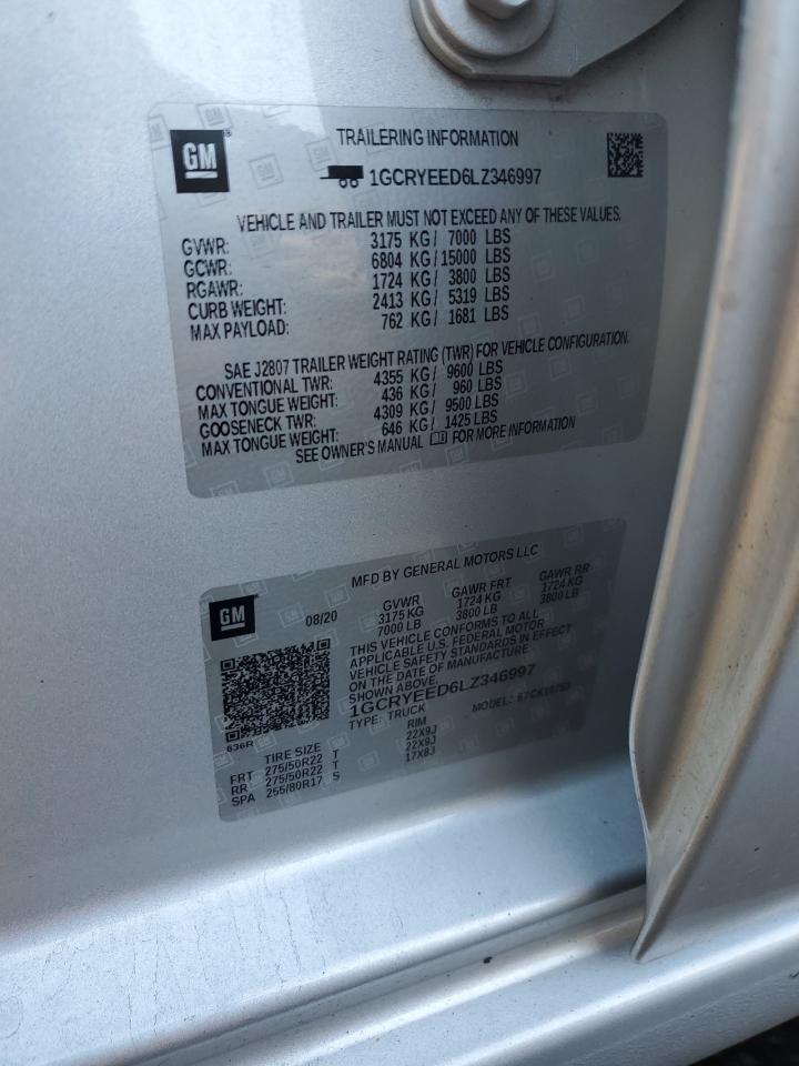 2020 Chevrolet Silverado K1500 Rst VIN: 1GCRYEED6LZ346997 Lot: 85899275