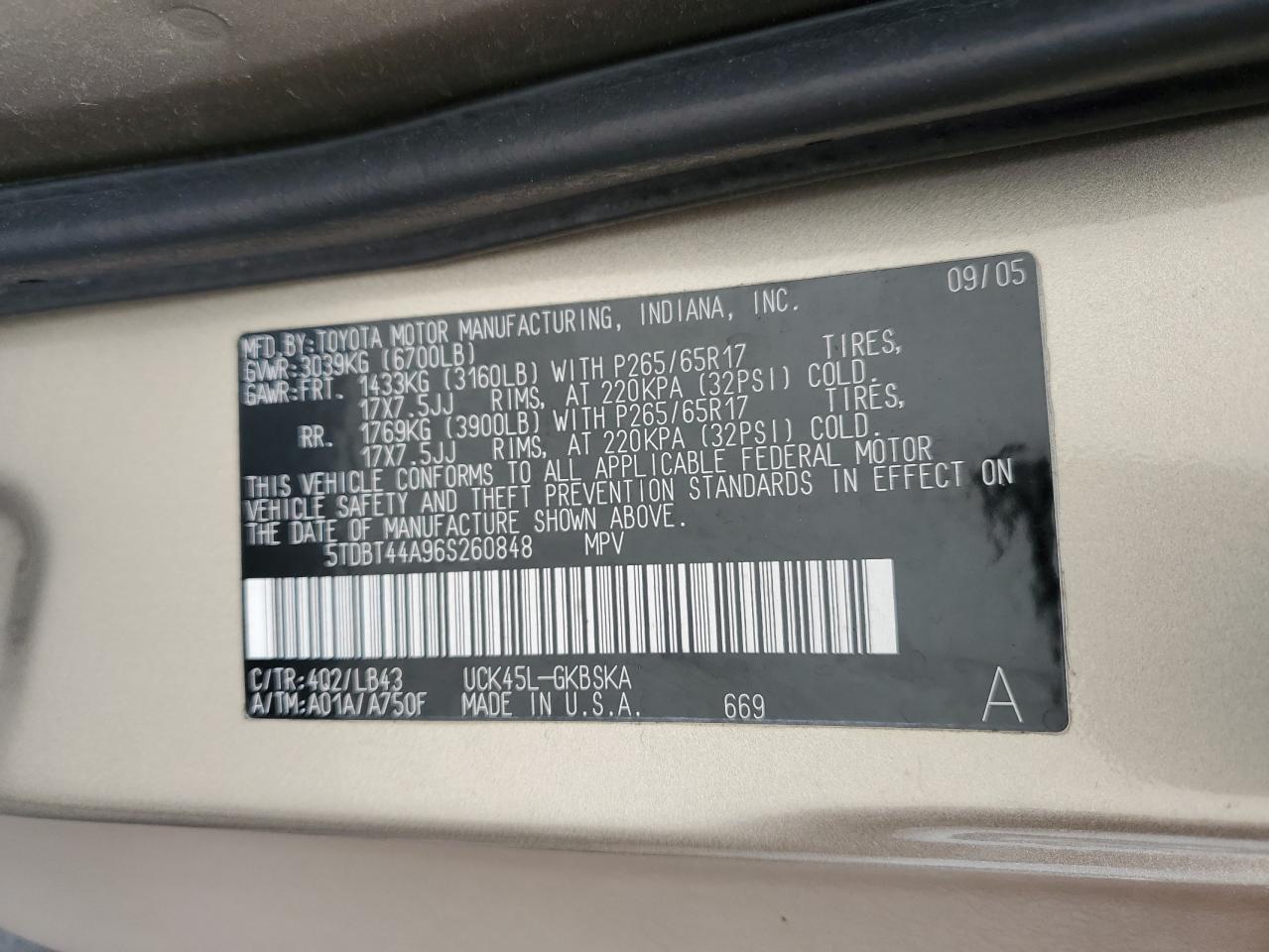 2006 Toyota Sequoia Sr5 VIN: 5TDBT44A96S260848 Lot: 90053045