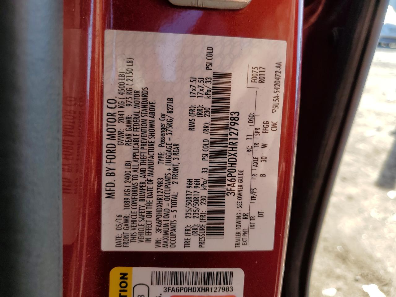 2017 Ford Fusion Se VIN: 3FA6P0HDXHR127983 Lot: 84753575