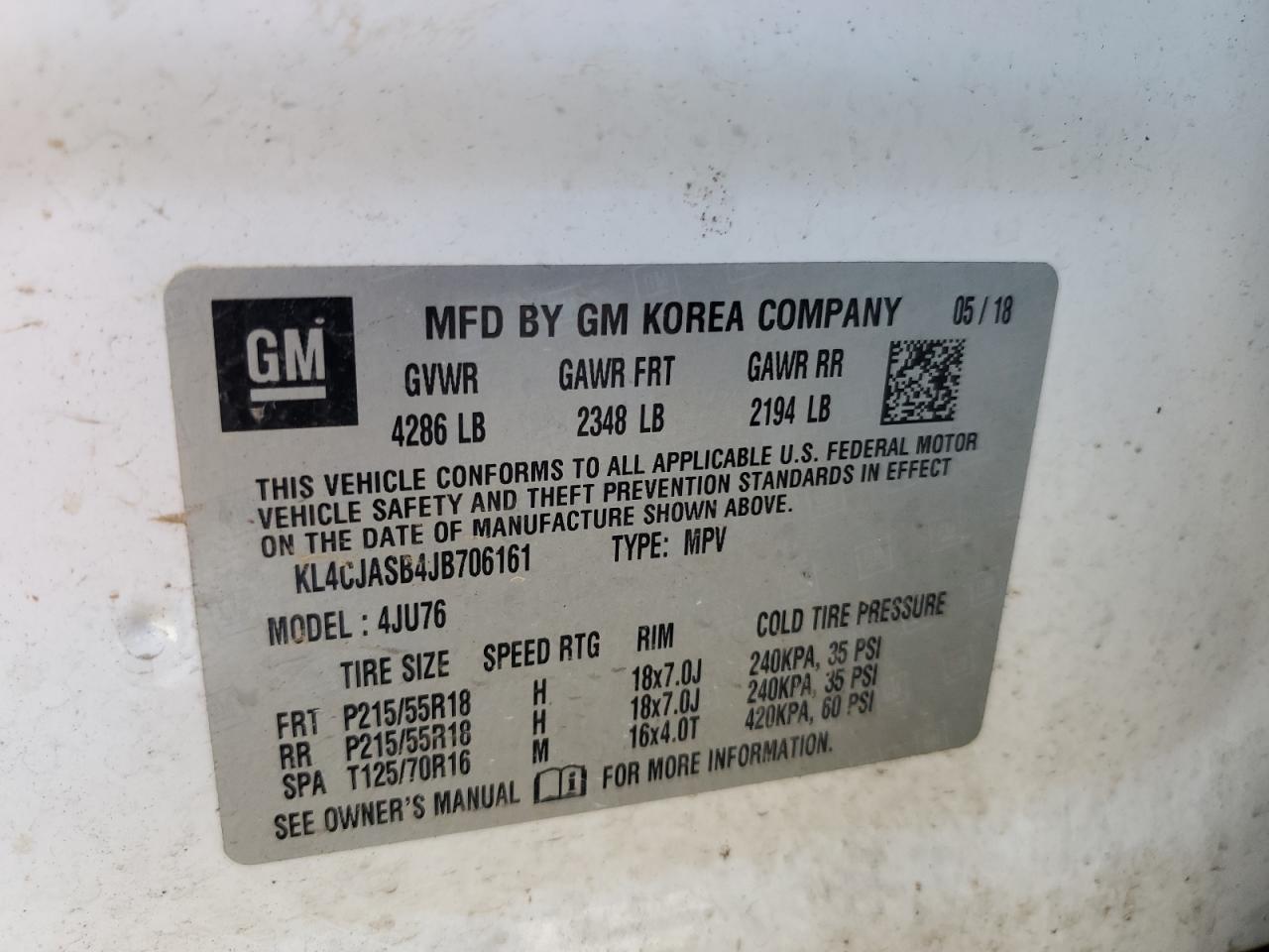 2018 Buick Encore Preferred VIN: KL4CJASB4JB706161 Lot: 87279065