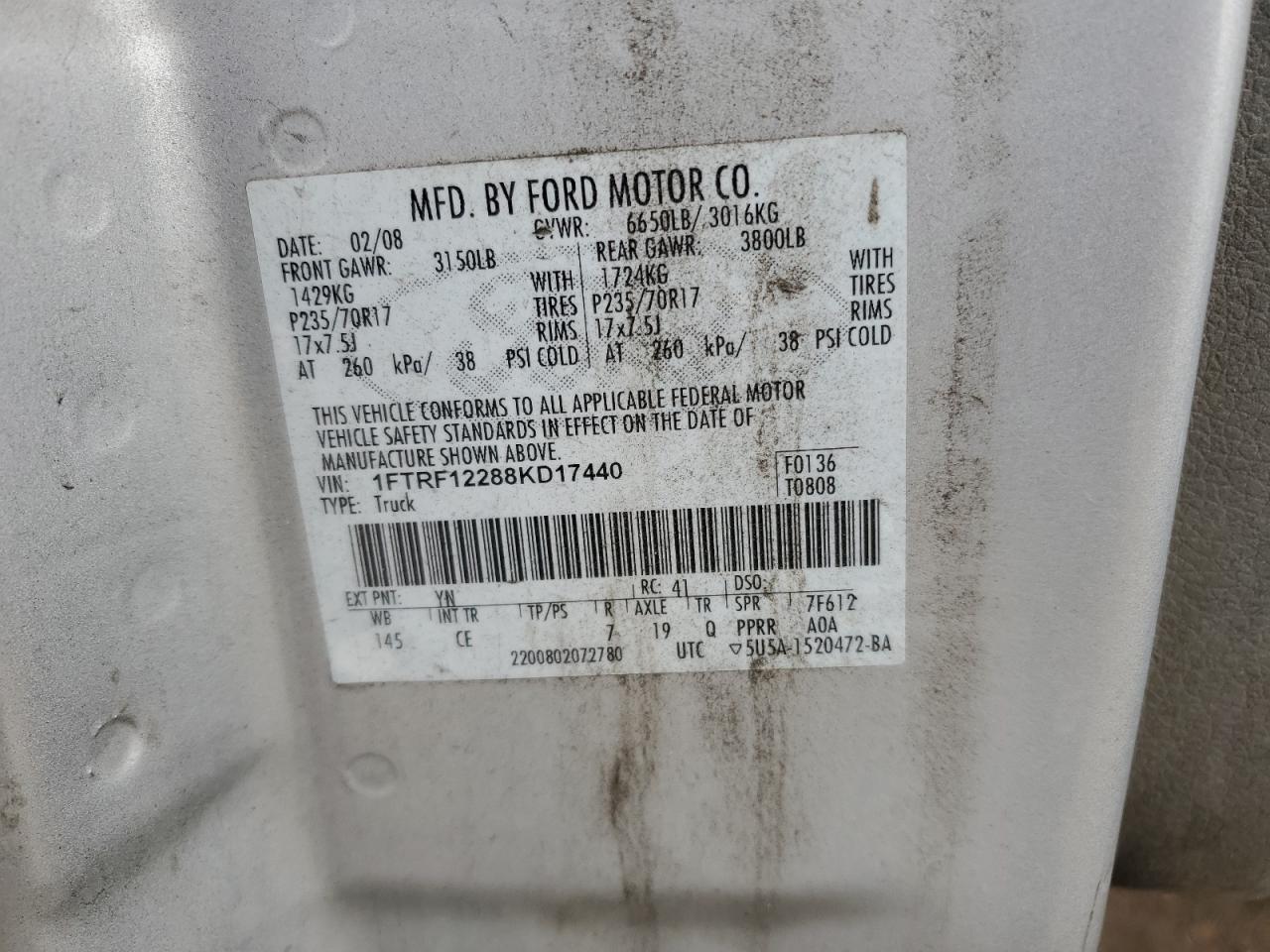 2008 Ford F150 VIN: 1FTRF12288KD17440 Lot: 82405865