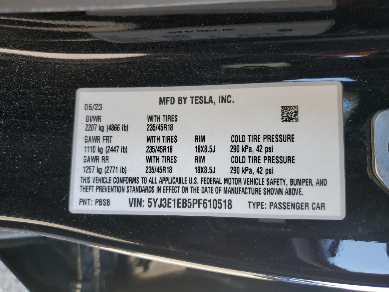 2023 Tesla Model 3 VIN: 5YJ3E1EB5PF610518 Lot: 86129685