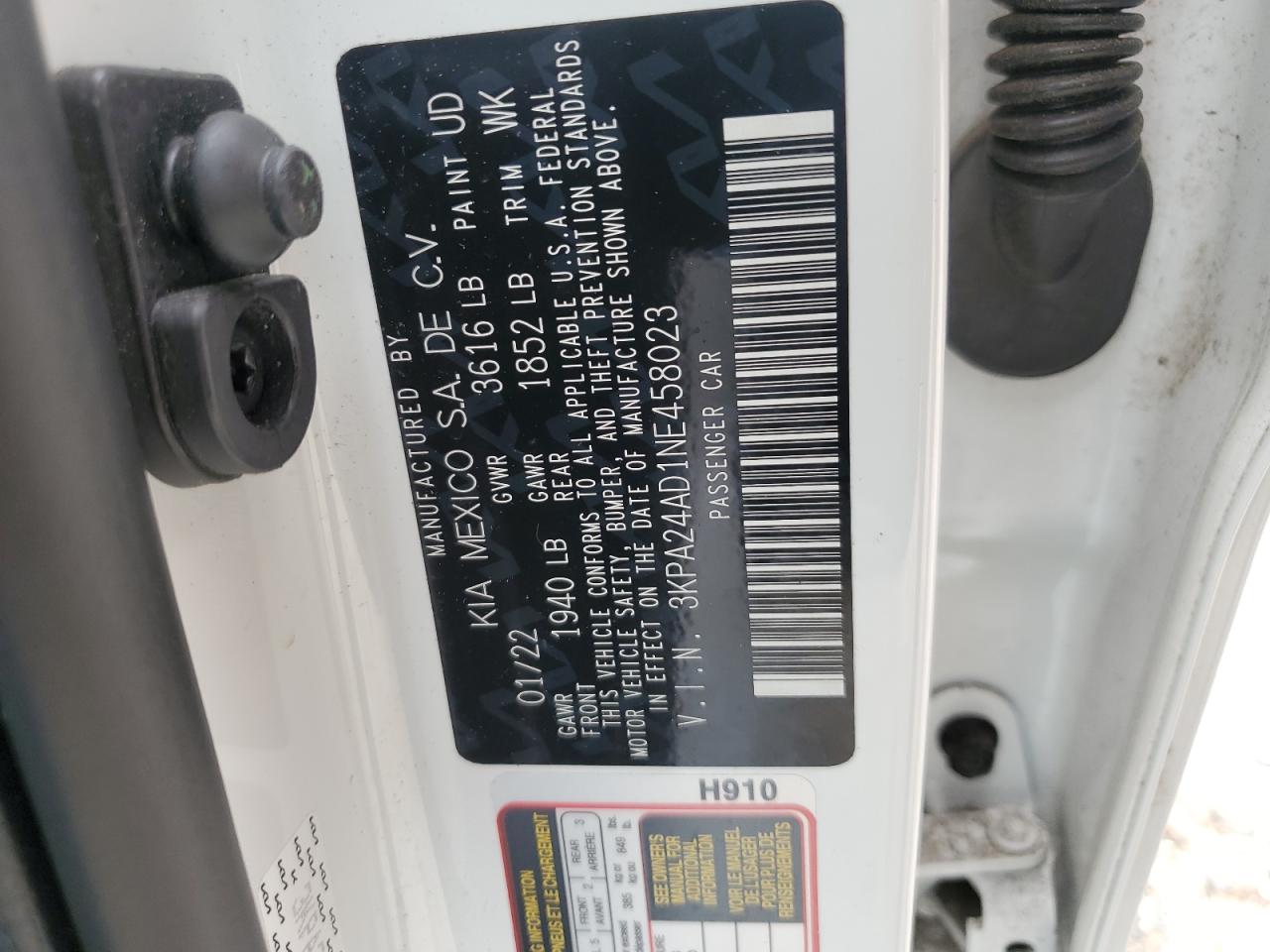 2022 Kia Rio Lx VIN: 3KPA24AD1NE458023 Lot: 85872245