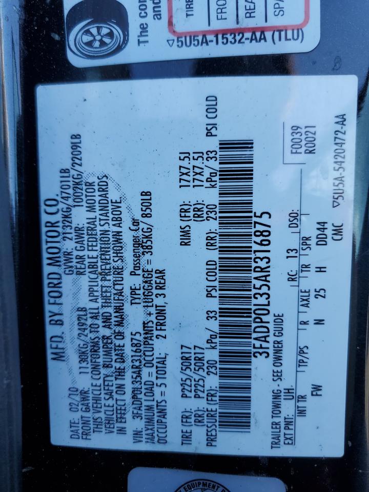2010 Ford Fusion Hybrid VIN: 3FADP0L35AR316875 Lot: 85561615