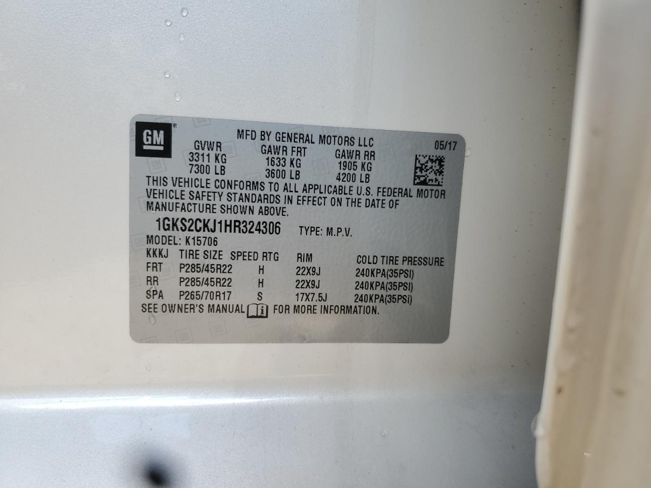 2017 GMC Yukon Denali VIN: 1GKS2CKJ1HR324306 Lot: 84904035