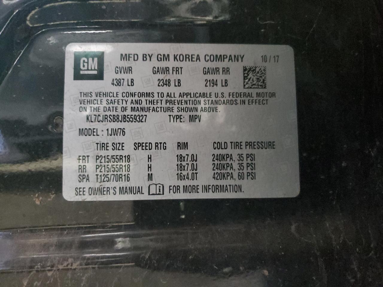 2018 Chevrolet Trax Premier VIN: KL7CJRSB8JB559327 Lot: 90981645