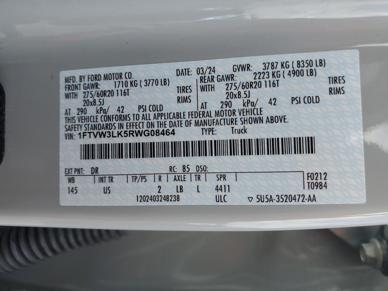 2024 Ford F150 Lightning Xlt VIN: 1FTVW3LK5RWG08464 Lot: 85395485