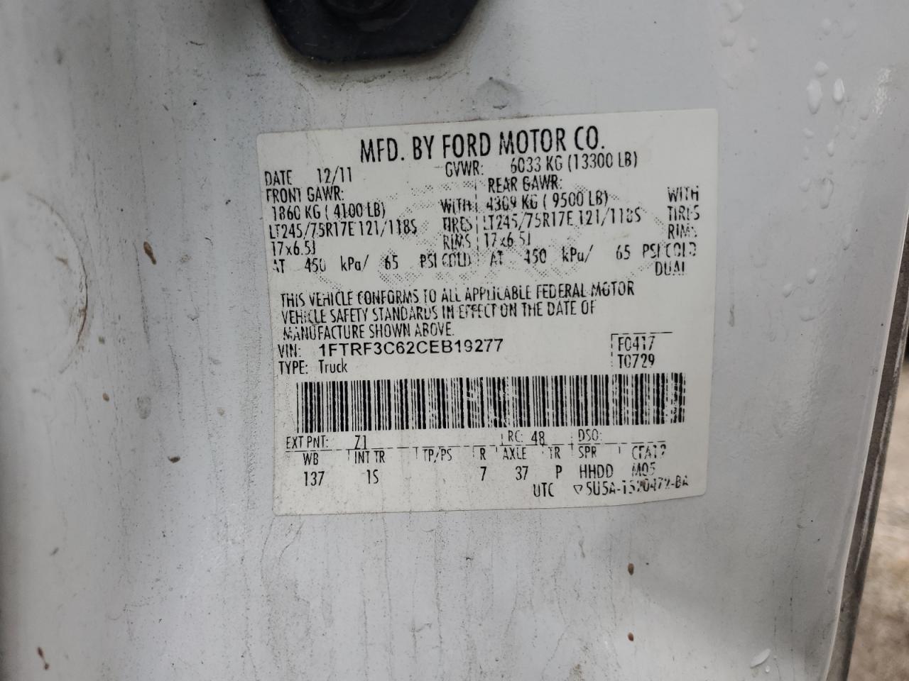 2012 Ford F350 Super Duty VIN: 1FTRF3C62CEB19277 Lot: 87069265