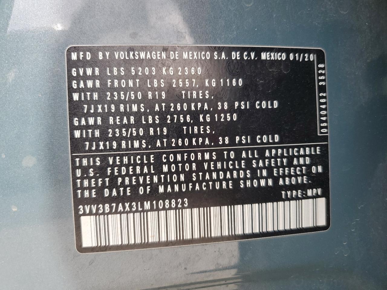 2020 Volkswagen Tiguan Se VIN: 3VV3B7AX3LM108823 Lot: 87017385