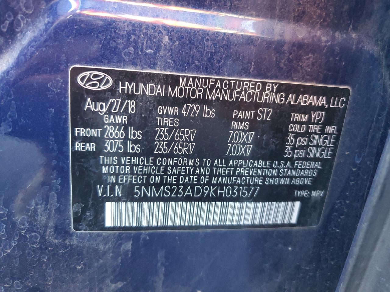 2019 Hyundai Santa Fe Se VIN: 5NMS23AD9KH031577 Lot: 85406525