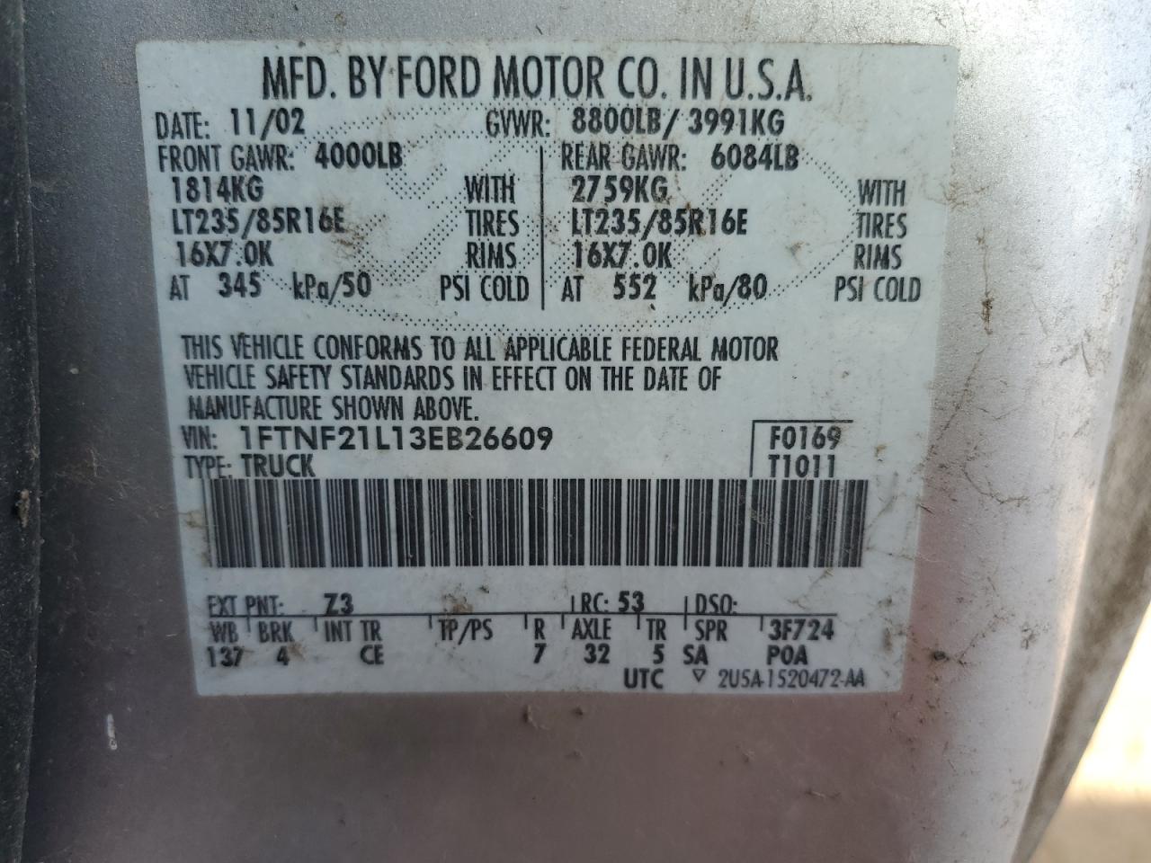 2003 Ford F250 Super Duty VIN: 1FTNF21L13EB26609 Lot: 85746075