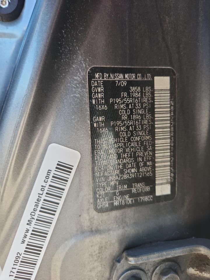 2009 Nissan Cube Base VIN: JN8AZ28R39T121565 Lot: 85950585