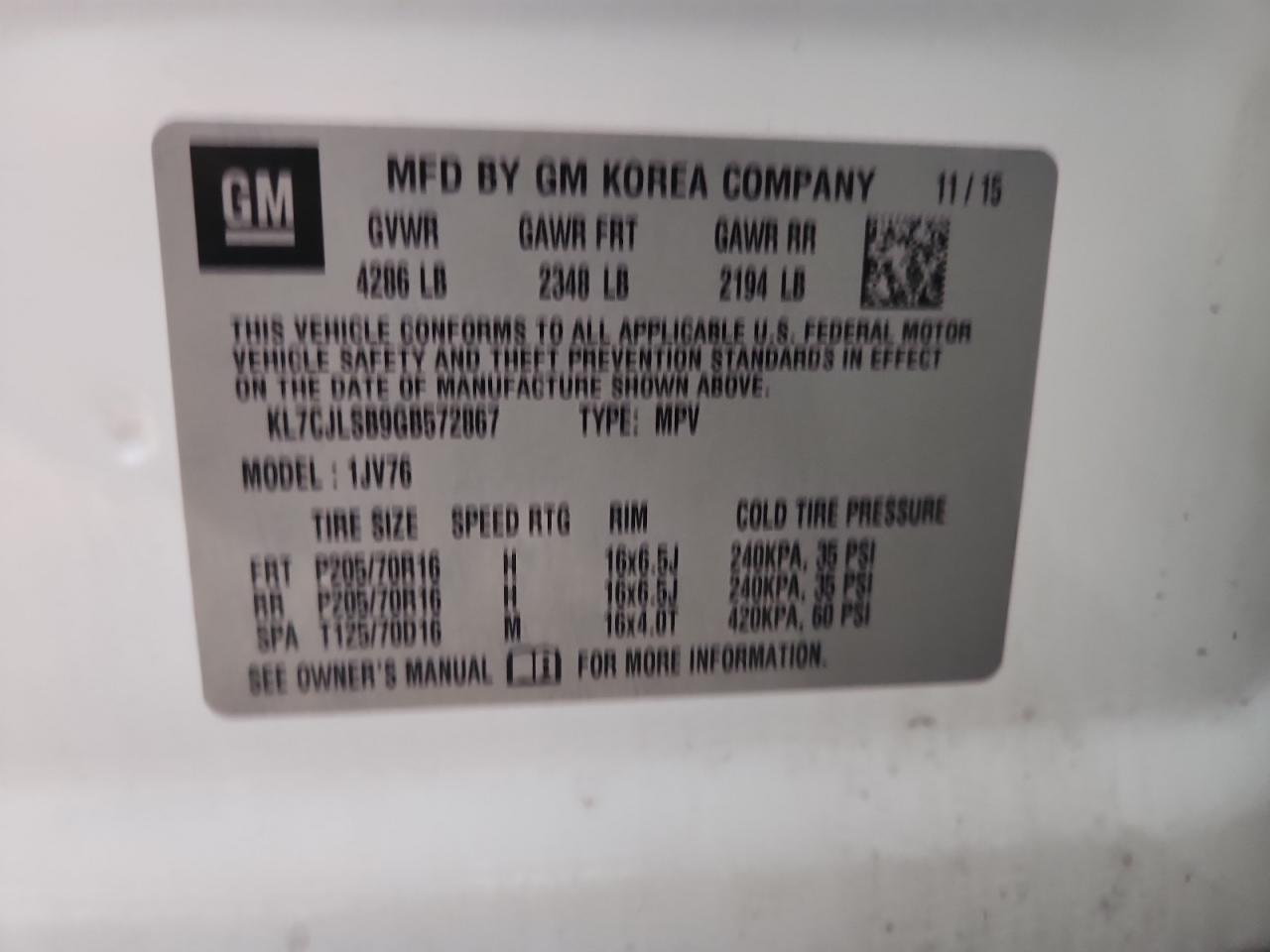 2016 Chevrolet Trax 1Lt VIN: KL7CJLSB9GB572867 Lot: 89457605