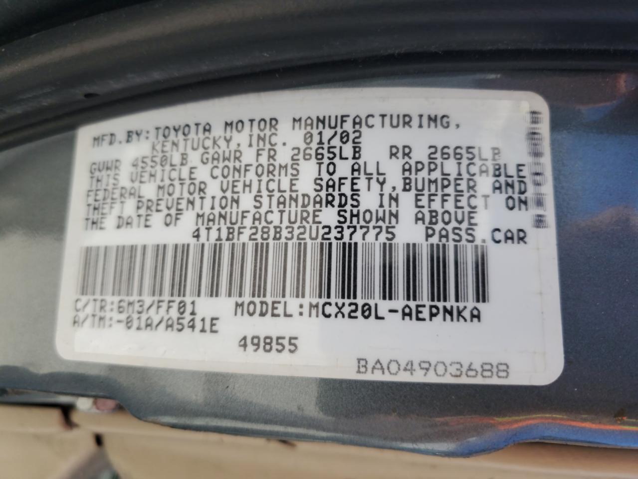 2002 Toyota Avalon Xl VIN: 4T1BF28B32U237775 Lot: 86510995