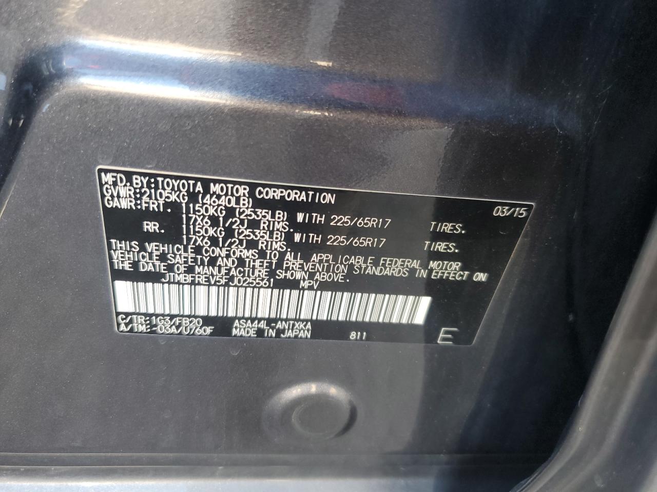 2015 Toyota Rav4 Le VIN: JTMBFREV5FJ025561 Lot: 85128305