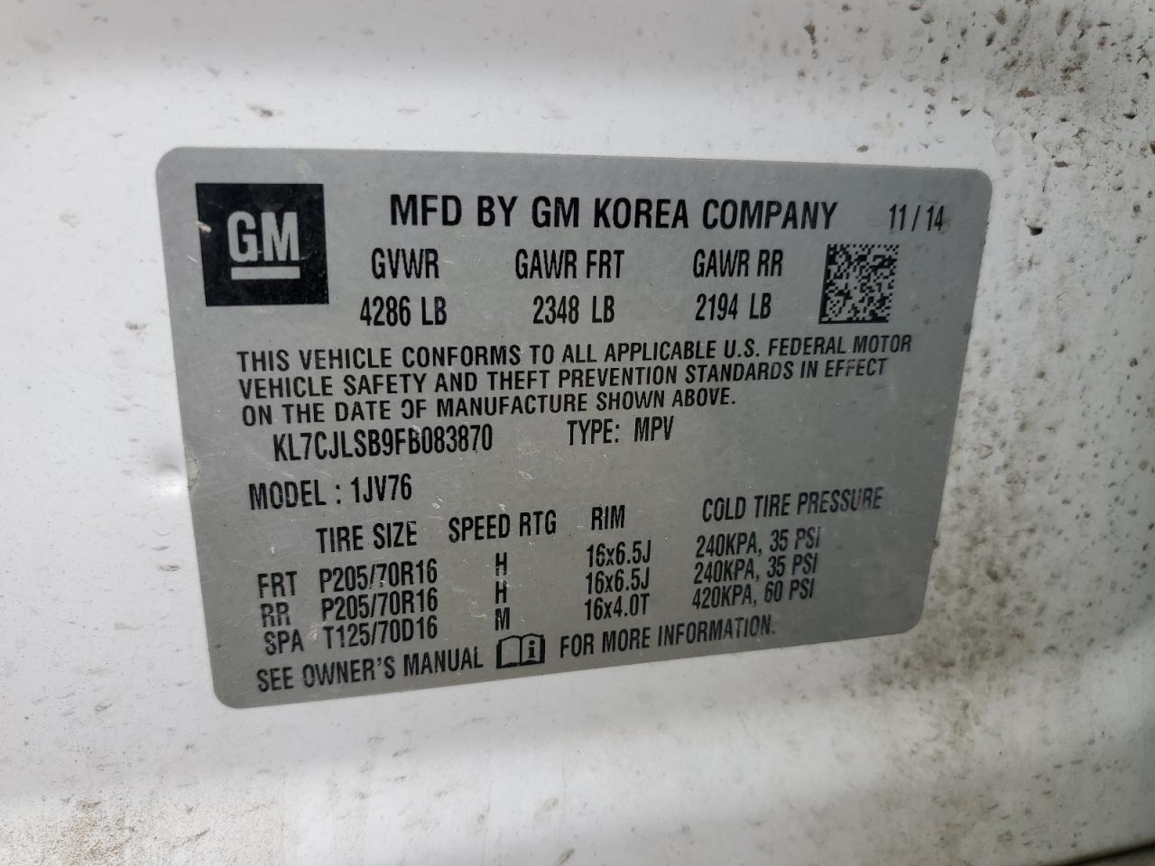 2015 Chevrolet Trax 1Lt VIN: KL7CJLSB9FB083870 Lot: 86071355