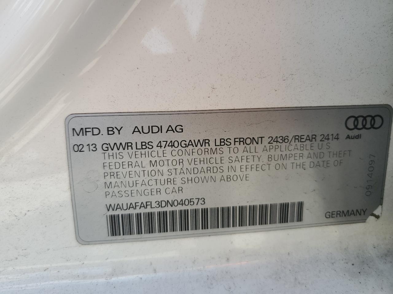 2013 Audi A4 Premium VIN: WAUAFAFL3DN040573 Lot: 82281945