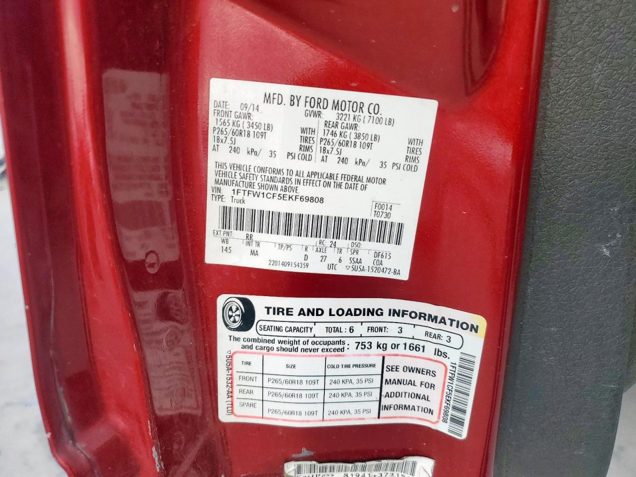 2014 Ford F150 Supercrew VIN: 1FTFW1CF5EKF69808 Lot: 87291445