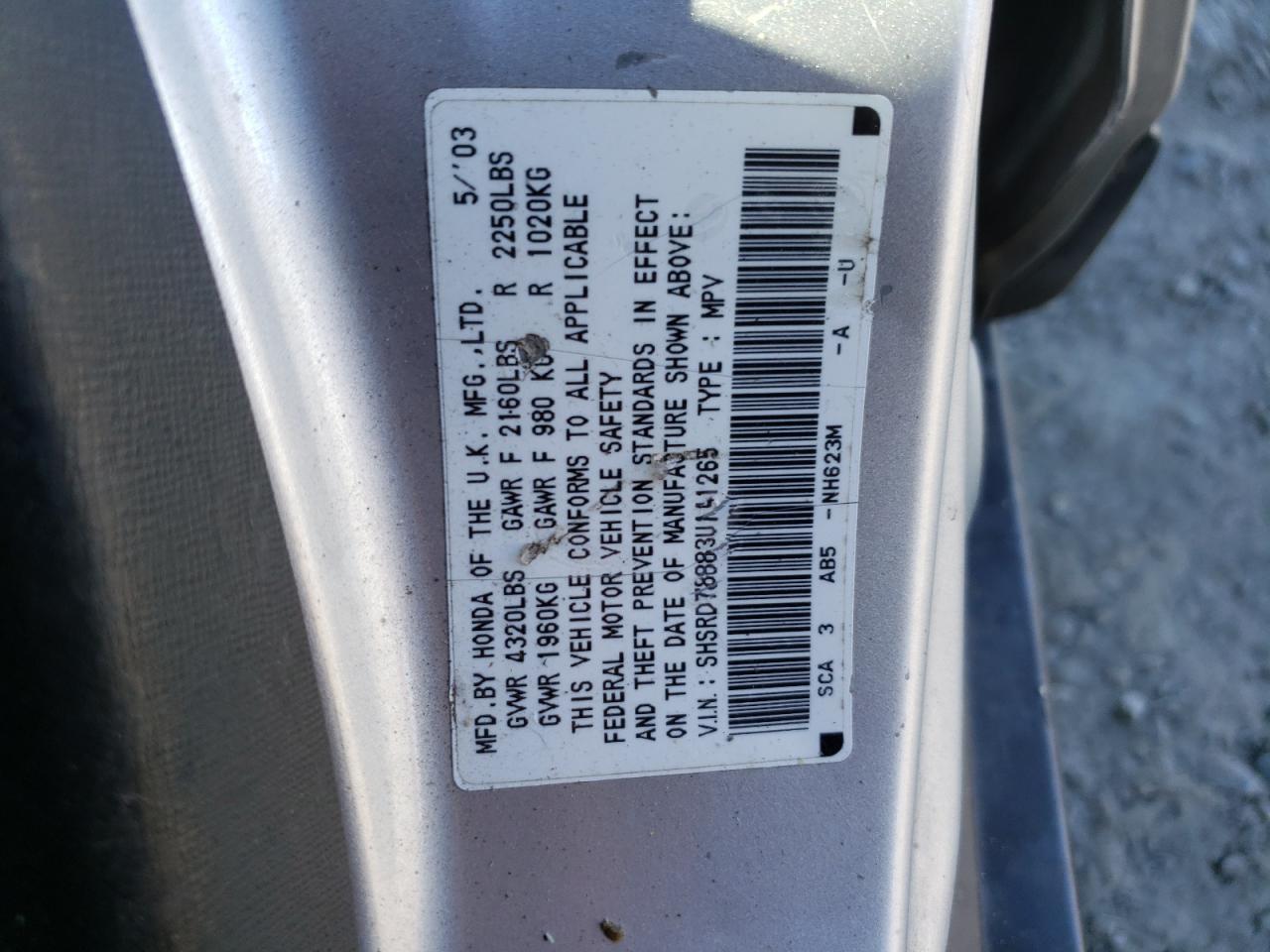 2003 Honda Cr-V Ex VIN: SHSRD78883U141265 Lot: 84413265