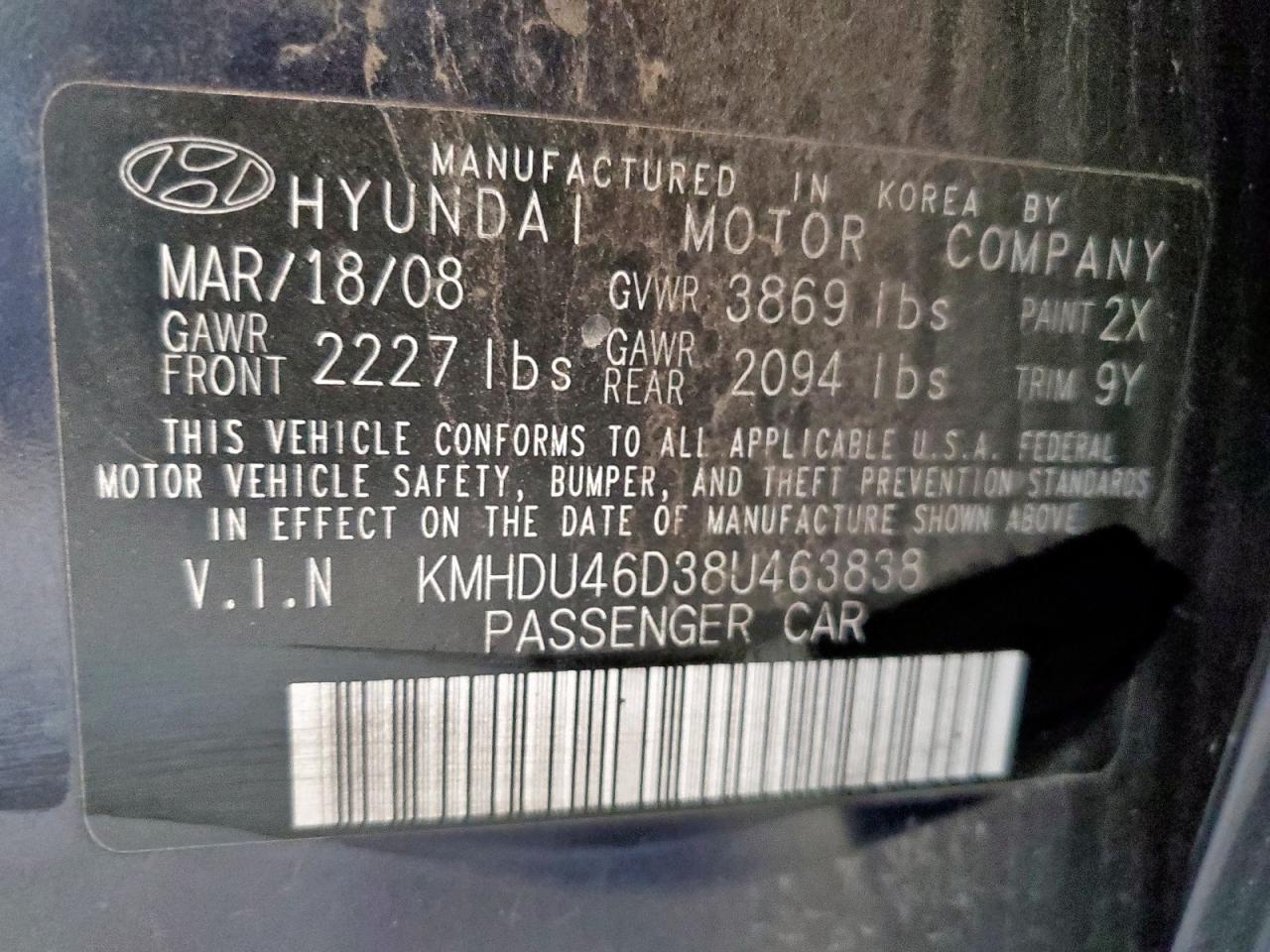 2008 Hyundai Elantra Gls VIN: KMHDU46D38U463838 Lot: 86309815