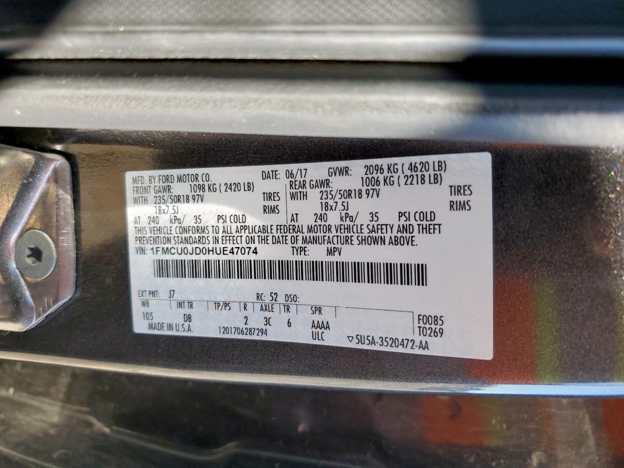 2017 Ford Escape Titanium VIN: 1FMCU0JD0HUE47074 Lot: 90953285