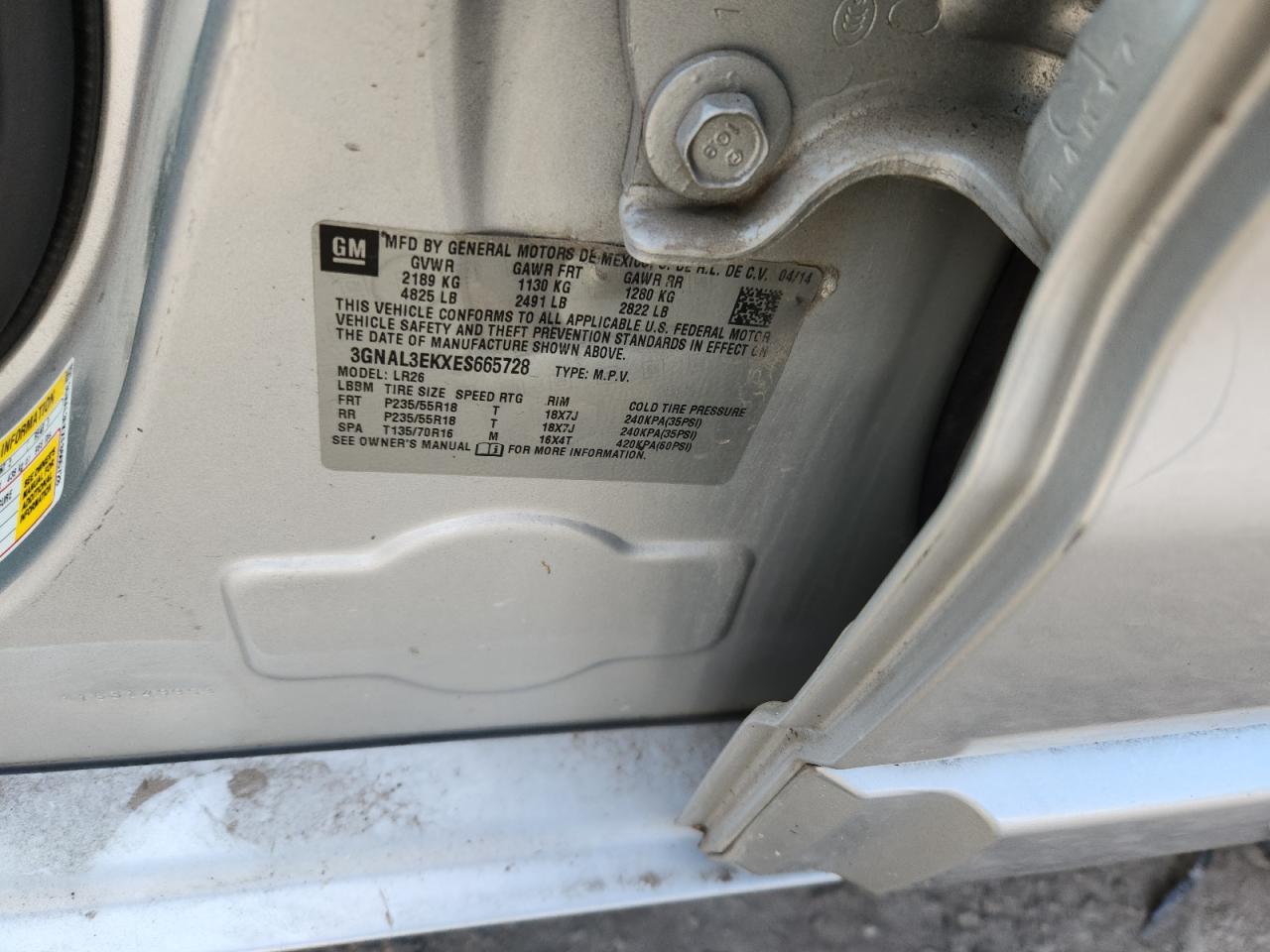 2014 Chevrolet Captiva Lt VIN: 3GNAL3EKXES665728 Lot: 85551215