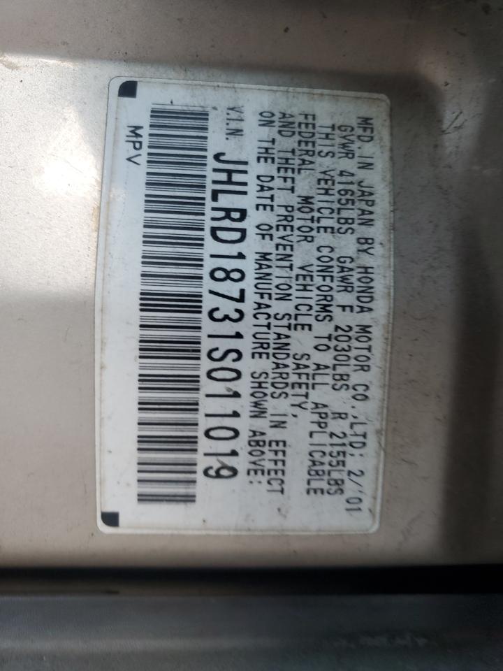 2001 Honda Cr-V Se VIN: JHLRD18731S011019 Lot: 82556255