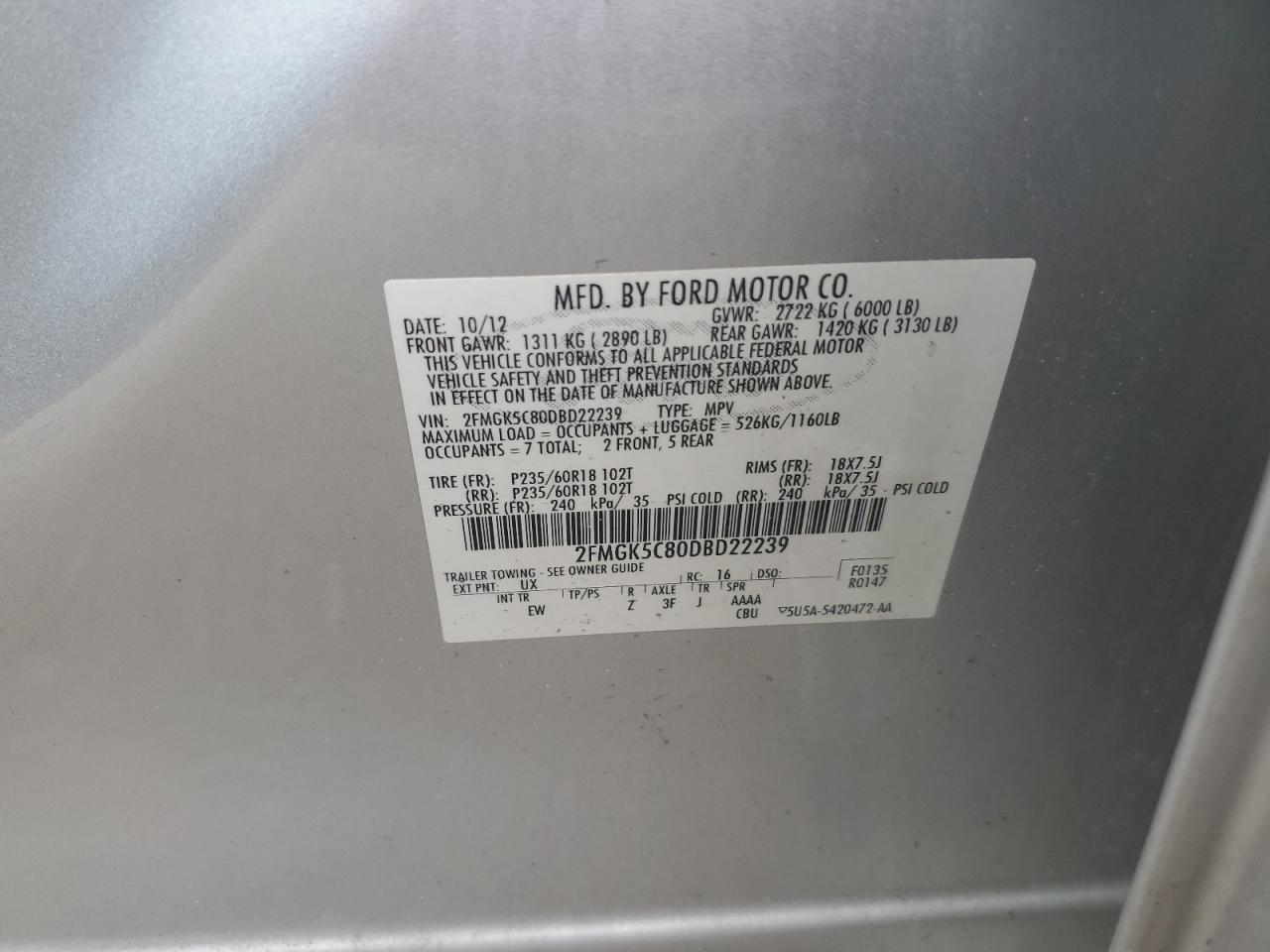 2013 Ford Flex Sel VIN: 2FMGK5C80DBD22239 Lot: 86320325