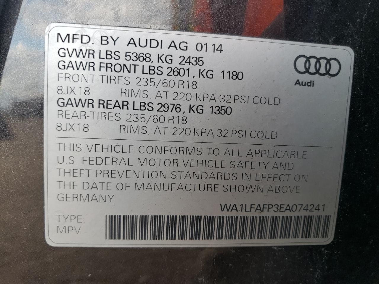 2014 Audi Q5 Premium Plus VIN: WA1LFAFP3EA074241 Lot: 84804215