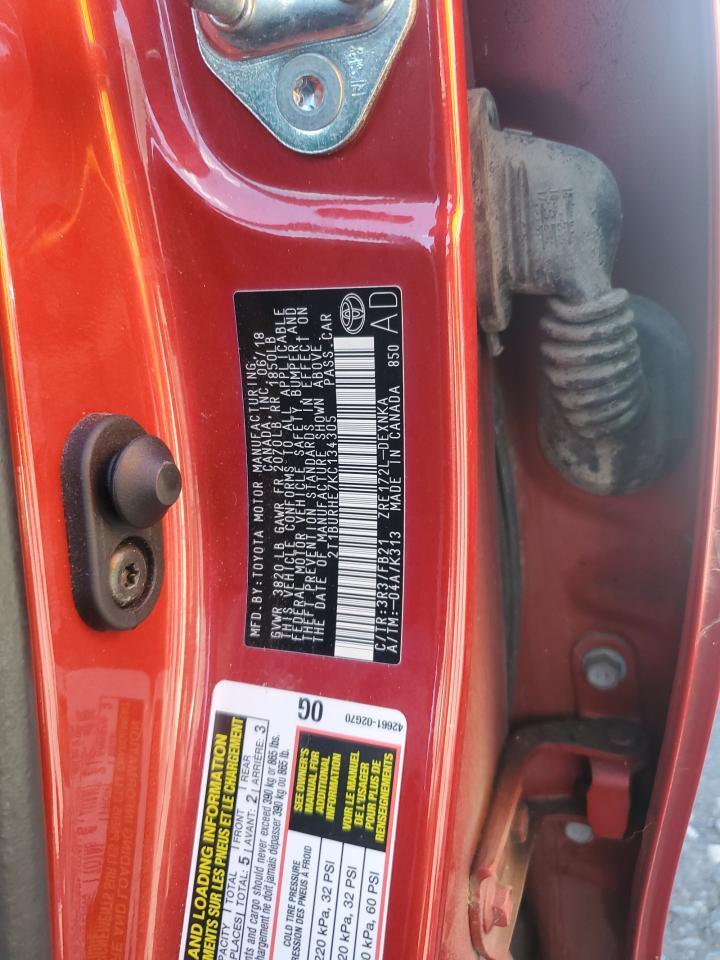 2019 Toyota Corolla L VIN: 2T1BURHE7KC134305 Lot: 86292905