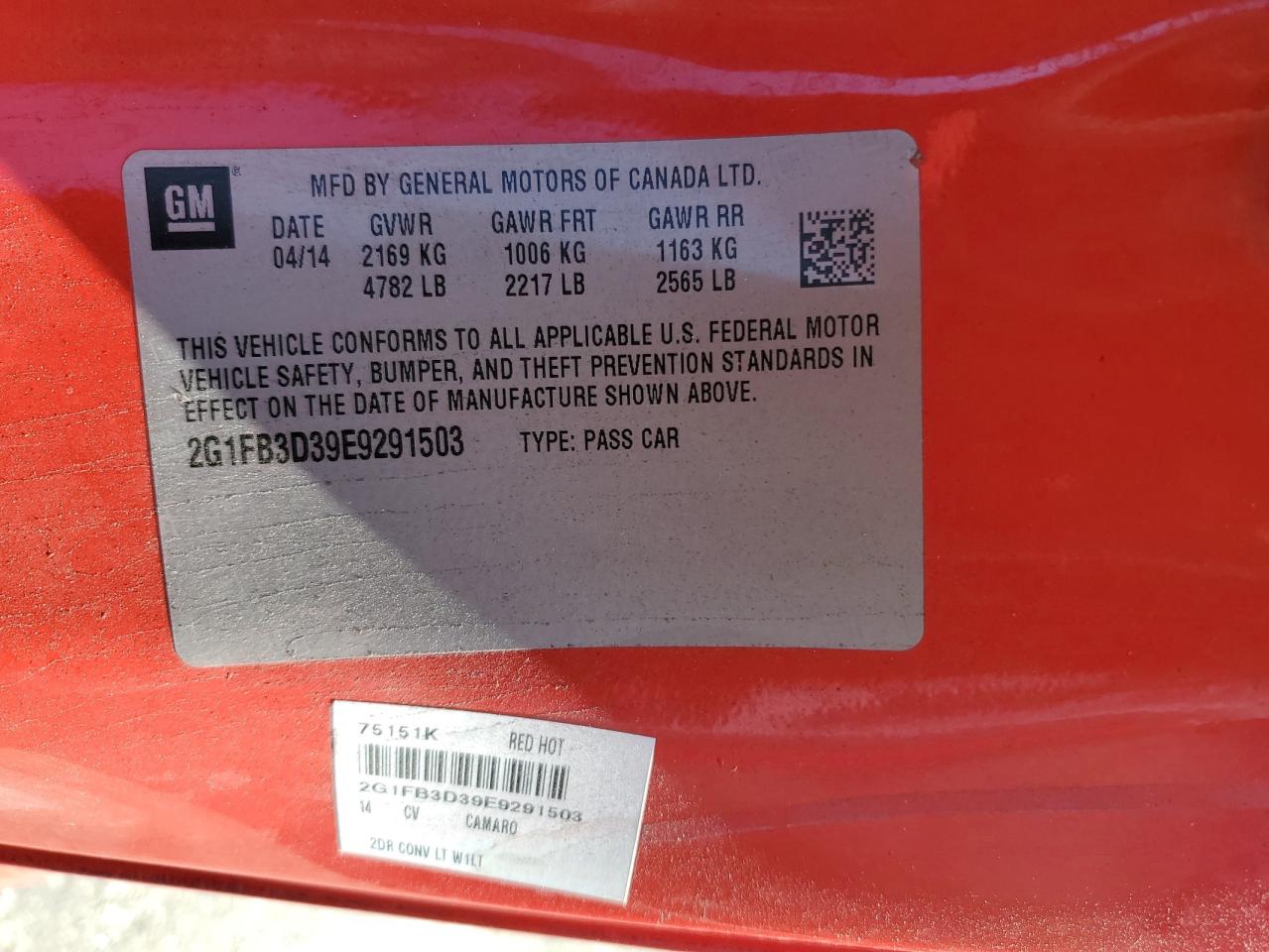 2014 Chevrolet Camaro Lt VIN: 2G1FB3D39E9291503 Lot: 85341055