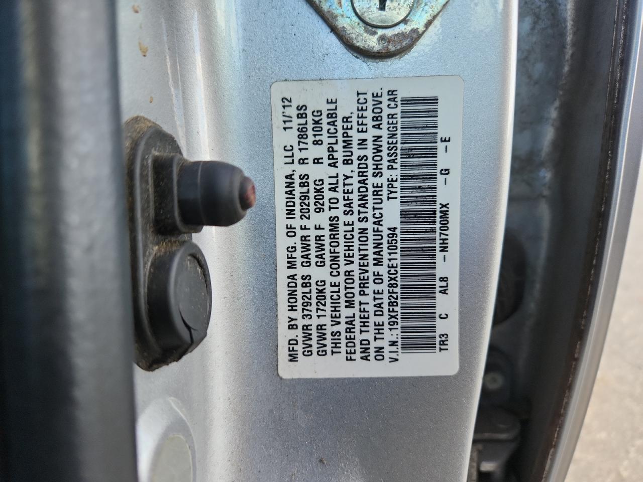 2012 Honda Civic Ex VIN: 19XFB2F8XCE110594 Lot: 85919005